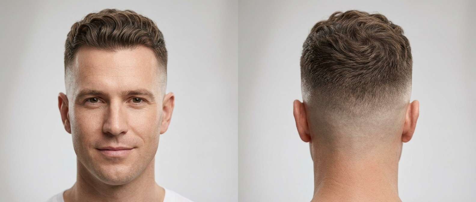 Front and back view of a Caucasian man aged 35-45 with a high skin fade, clean hairline, and short wavy textured brown hair on top.