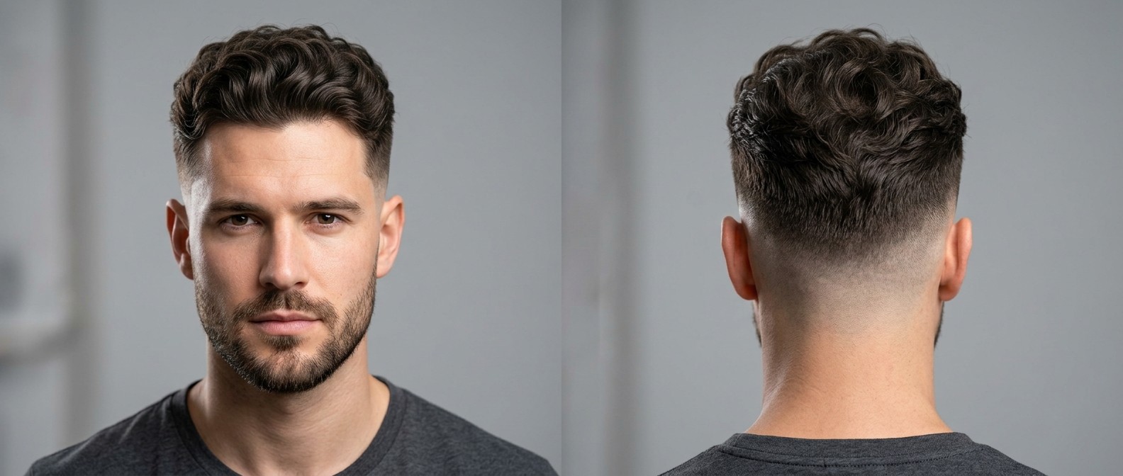 Front and back view of a Caucasian man with a fresh mid skin fade, short swept-back wavy dark brown hair, and a neatly trimmed short beard.