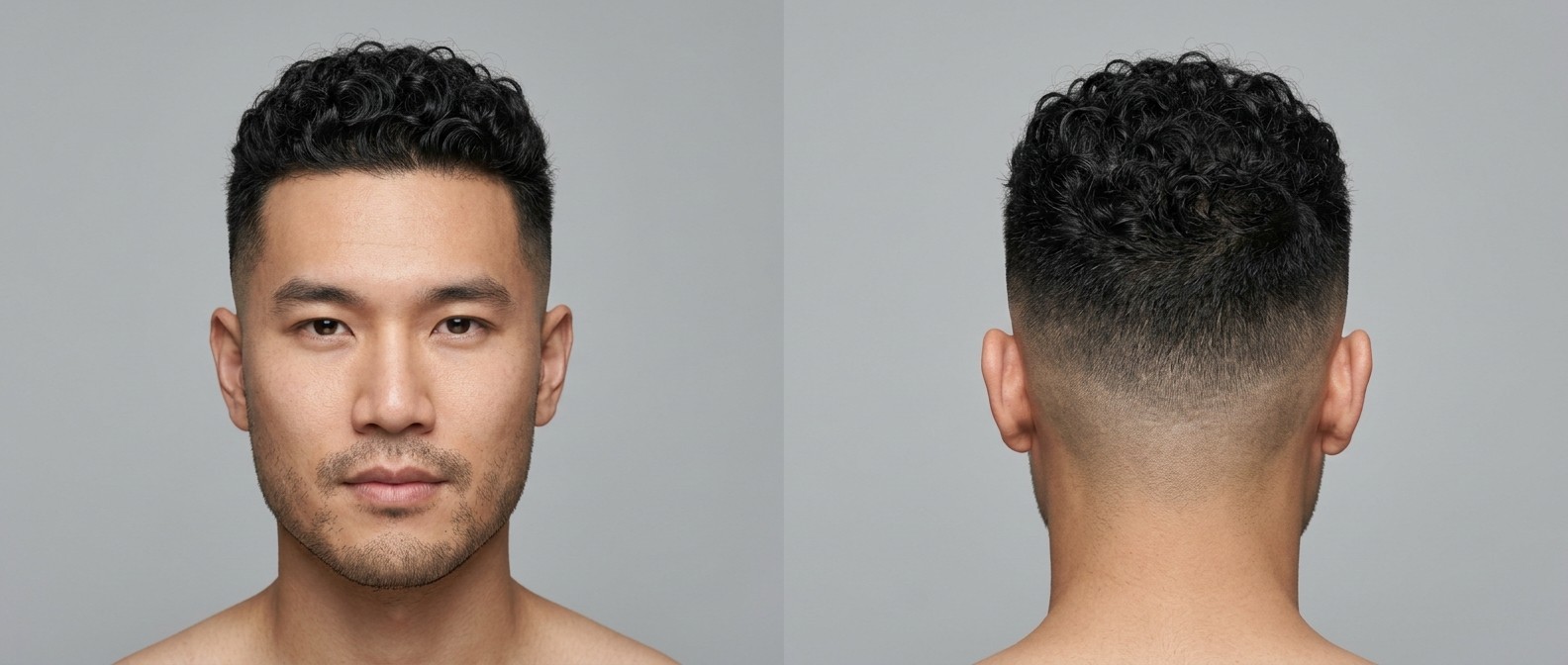 Asian man with a high skin fade, sharp straight edge-up, and medium-length textured Type 3 curls styled forward, showing front and back views.