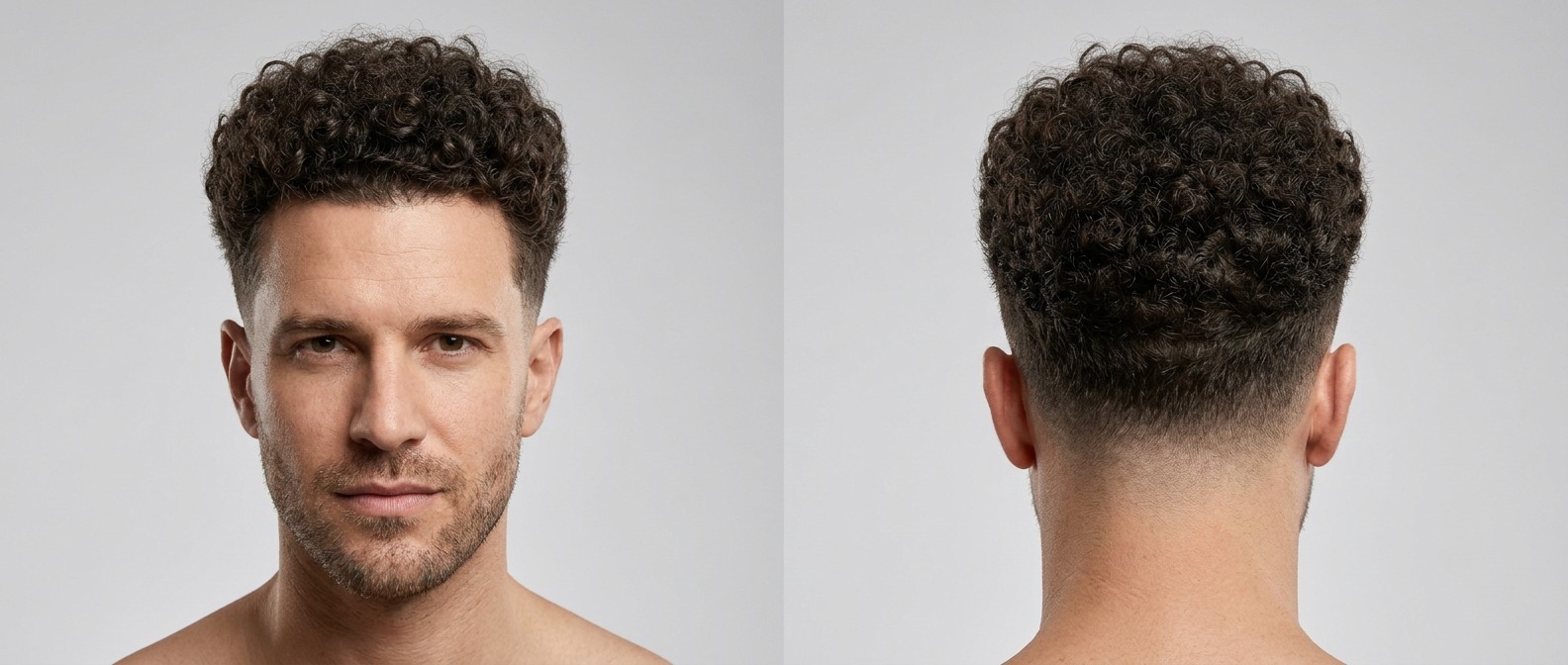 Front and back view of a Caucasian man with a fresh mid skin fade, diamond face shape, and a dense, medium-length canopy of tight, defined dark brown curls.