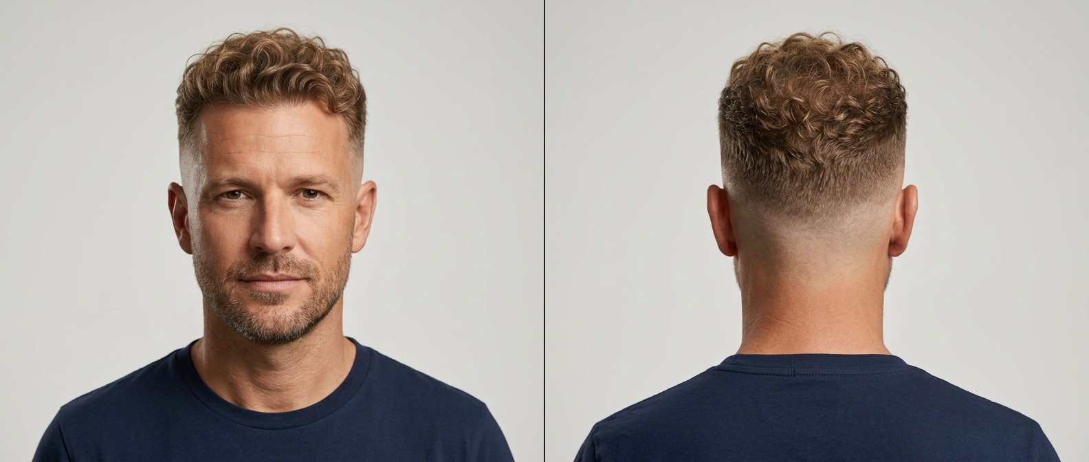 Front and back view of a mature man with a high skin fade, short textured light brown Type 3 curls, and light stubble.