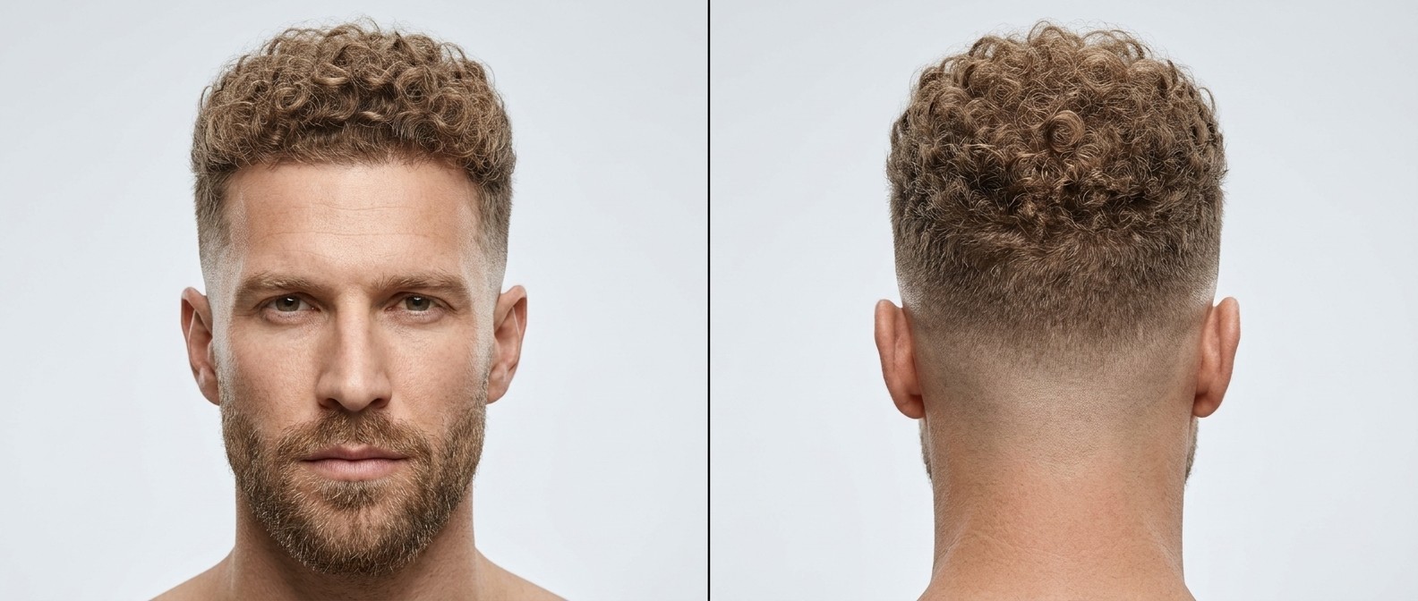 Front and back view of a Caucasian man with light brown, tightly coiled Type 4 curly hair featuring a sharp edge-up and a clean high skin fade.