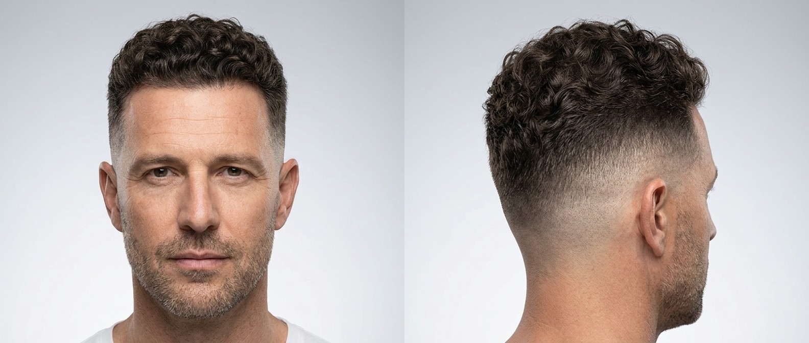 Mature man with an oval face and light stubble modeling a high skin fade haircut with short, natural Type 3 dark brown curls on top.
