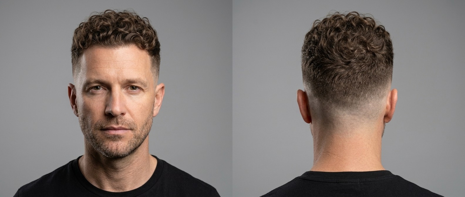 Front and back view of a mature man with a mid skin fade, defined medium-length Type 3 brown curls, and a soft natural hairline with light stubble.