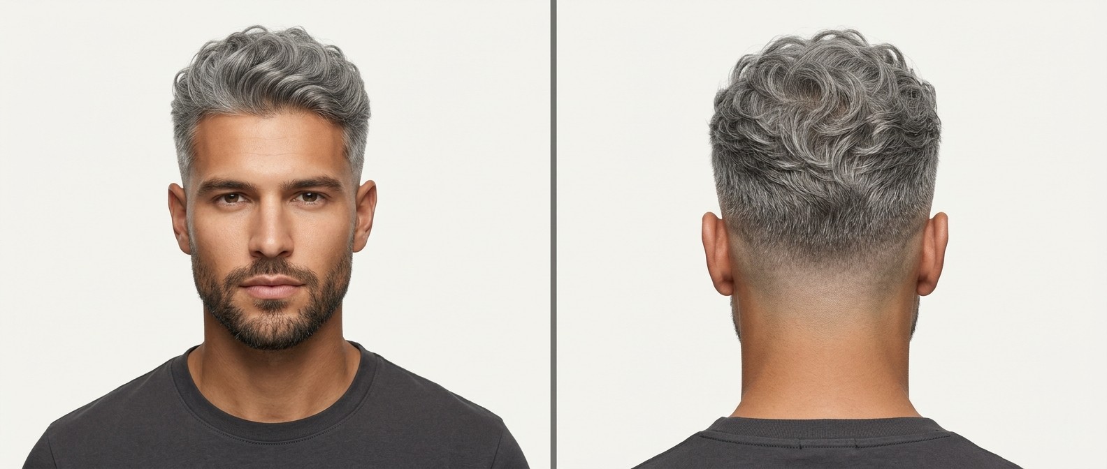 Young man with a silver wavy skin fade haircut, featuring a voluminous textured top and short neat beard, shown from front and back angles.