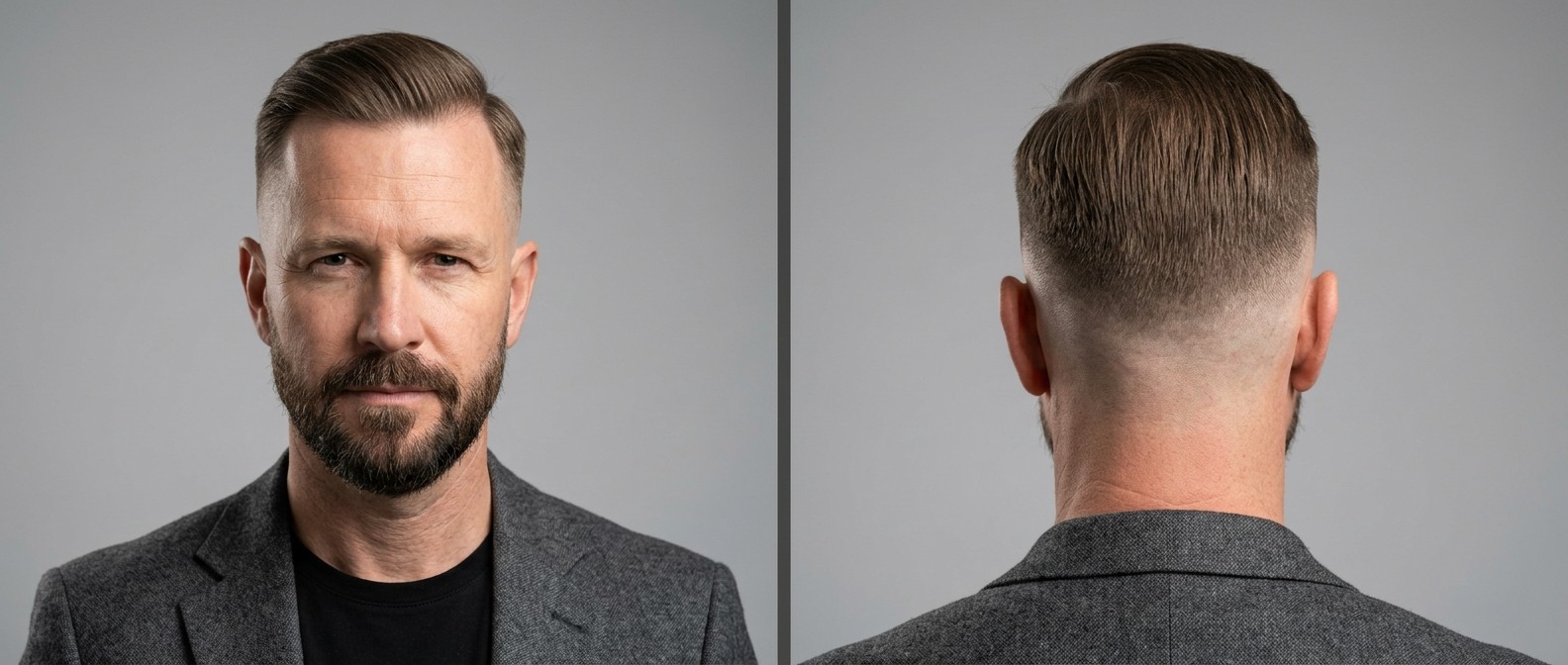 Mature Caucasian man with a short beard modeling a sharp high skin fade with a medium-length, side-swept top for fine straight hair.
