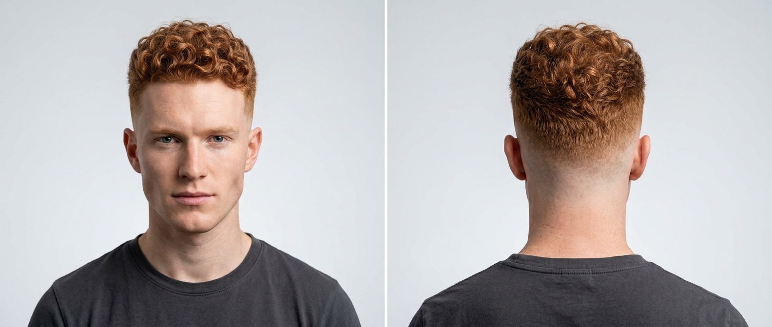 Young Caucasian man with red hair showcasing a high skin fade haircut with short, thick, Type 3 curls on top and a straight front hairline.
