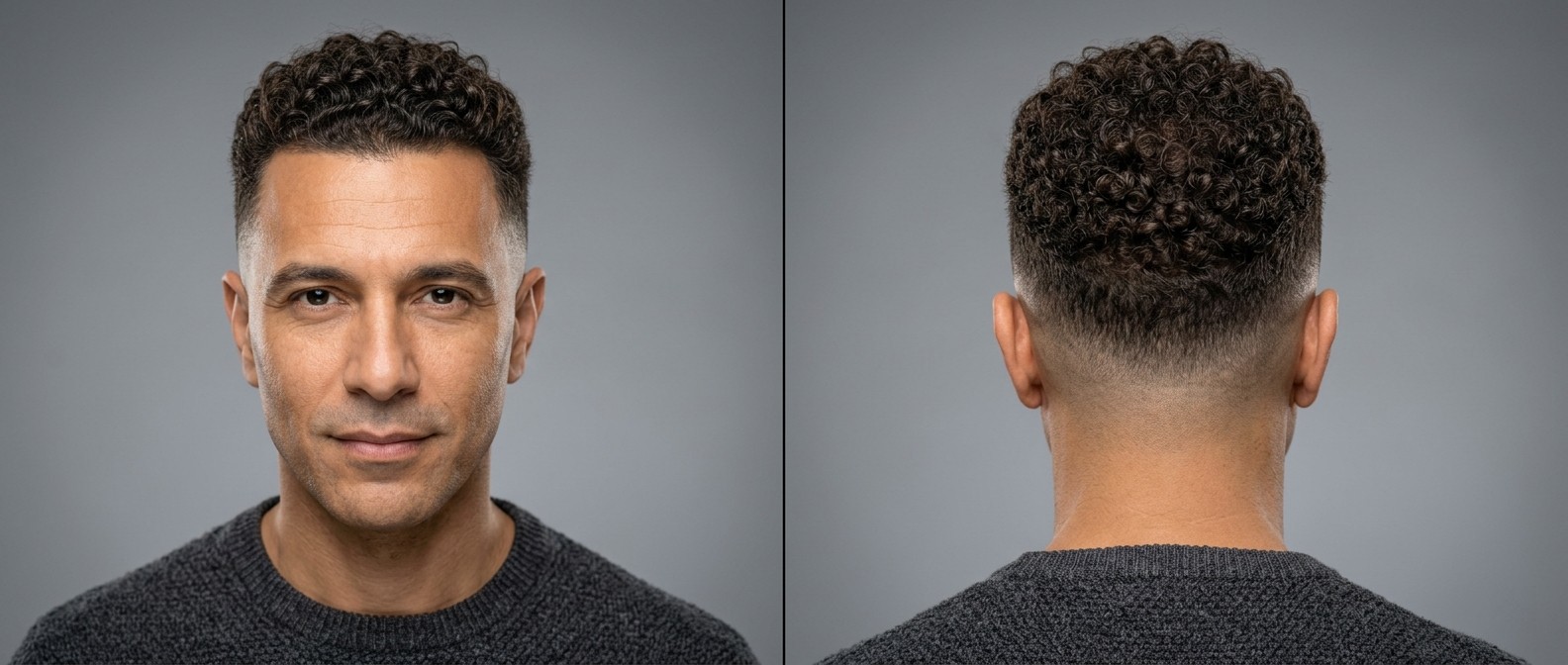 Front and back view of a mature man with olive skin sporting a pristine mid skin fade, sharp edge-up, and highly defined tight Type 4 curls on top.