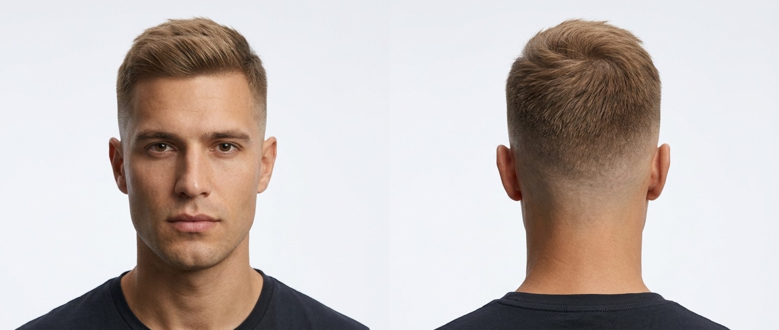 Front and back view of a Caucasian man with olive skin modeling a high skin fade haircut with a textured, medium-length straight top and clean hairline.