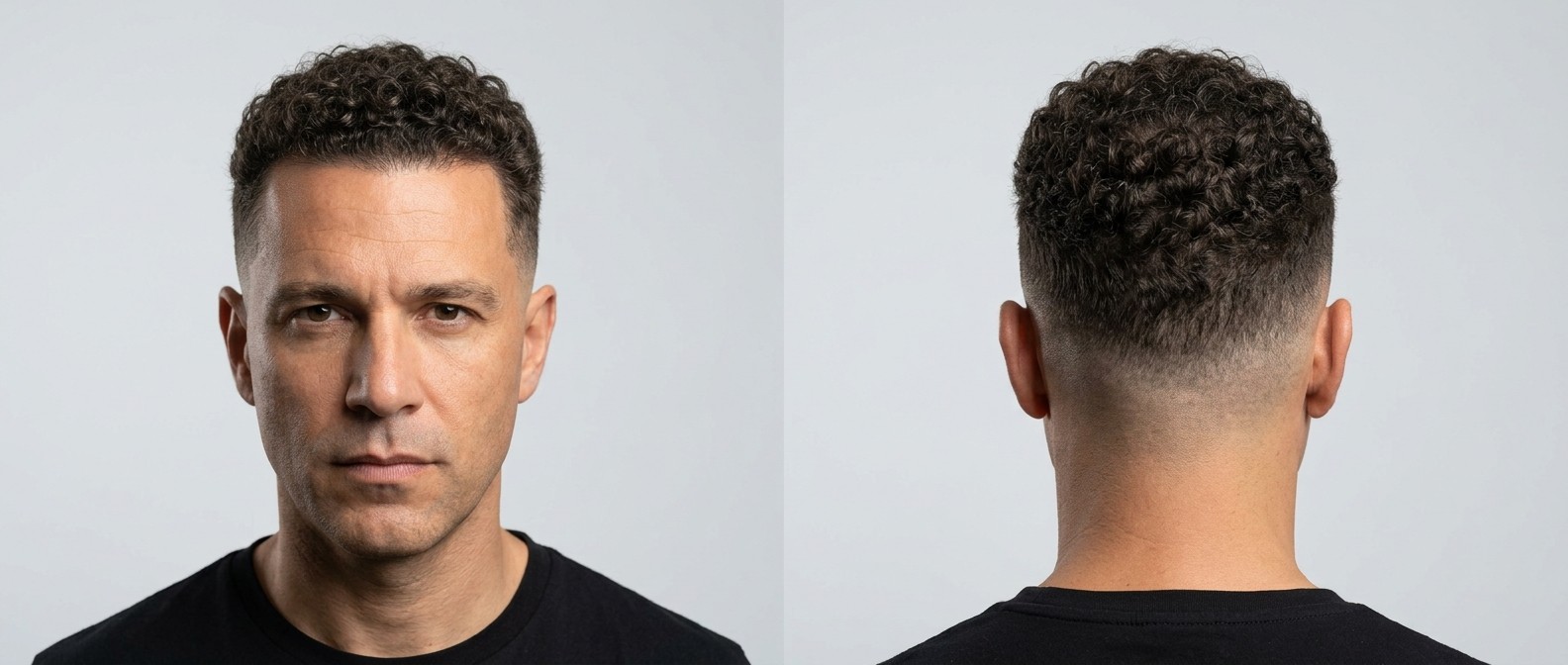 Front and back view of a mature man with a high skin fade, sharp front line-up, and highly defined, dark brown type 4 curls on top.
