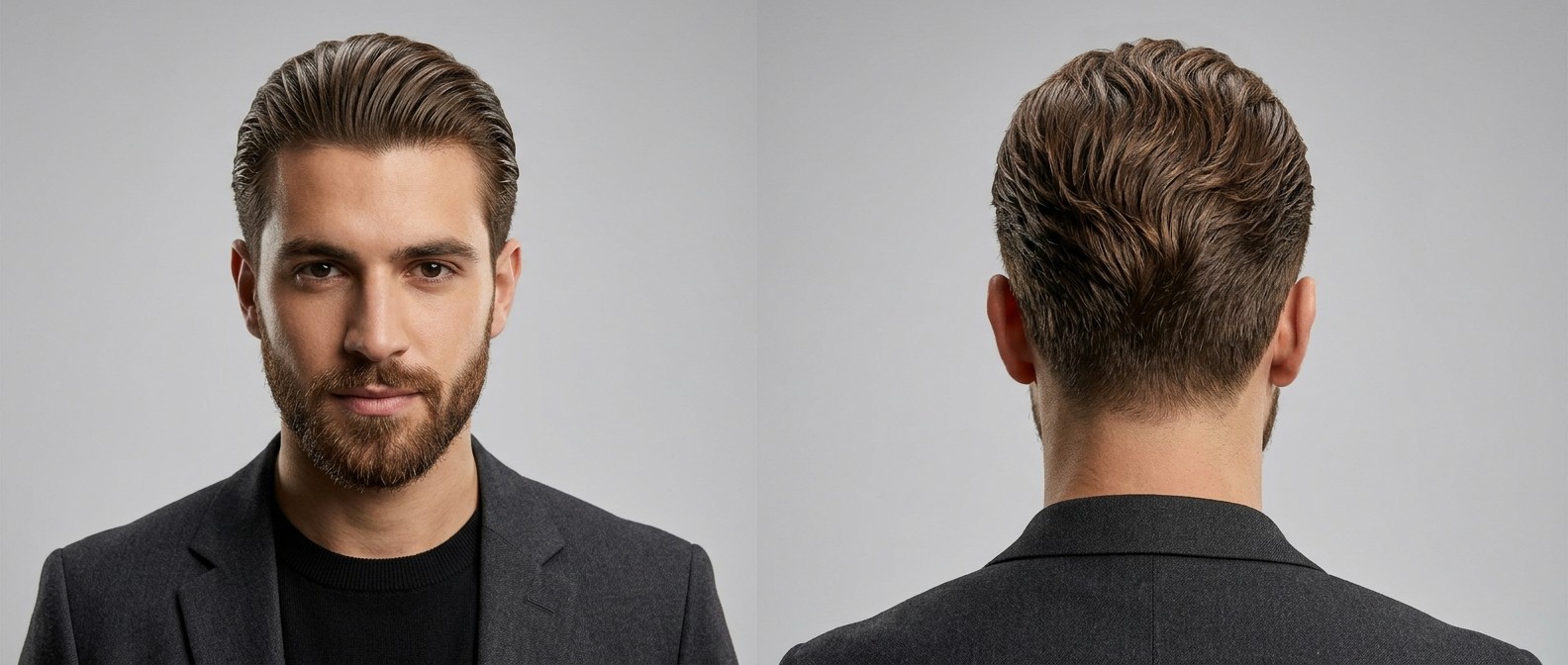 Young man with a short beard modeling a medium-length slicked-back hairstyle with natural wavy texture and volume on a light gray background.