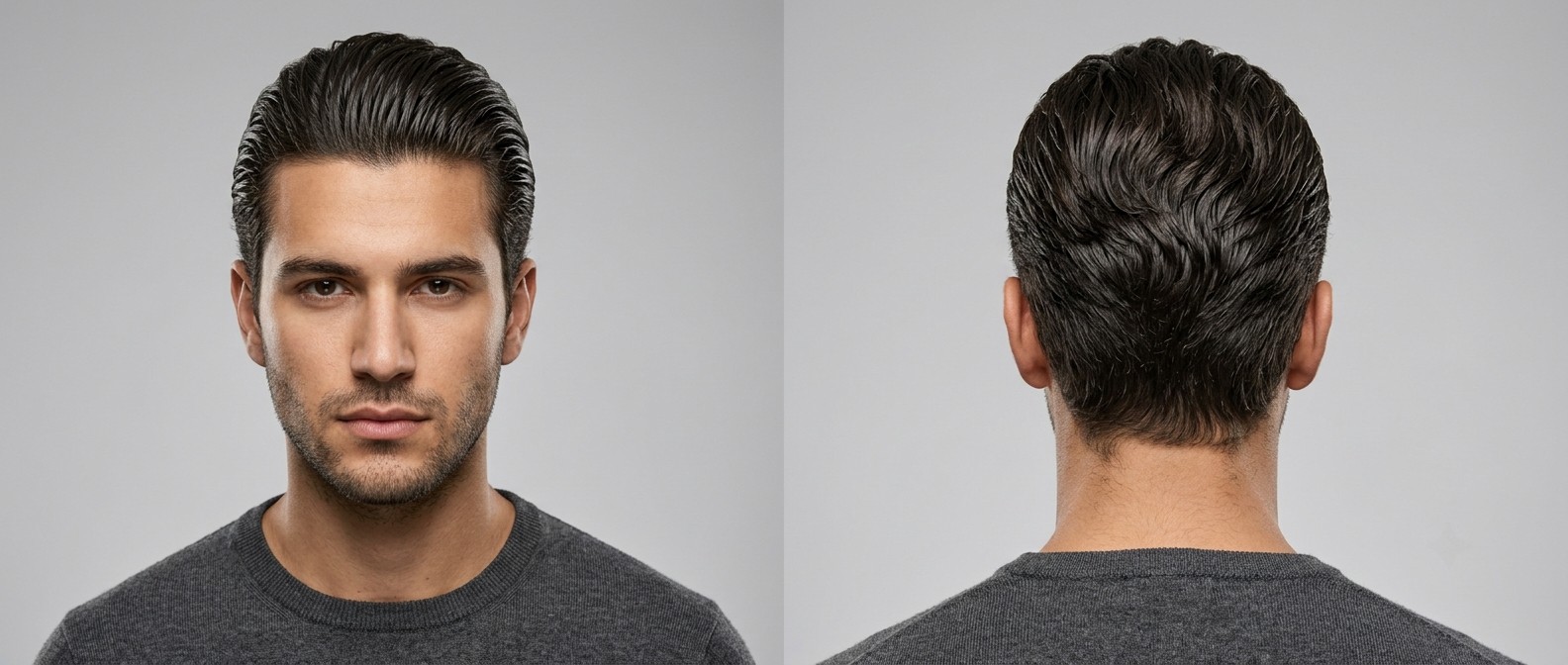 Front and back view of a young man with olive skin and thick, dark brown wavy hair styled in a classic, high-shine slicked-back business haircut.