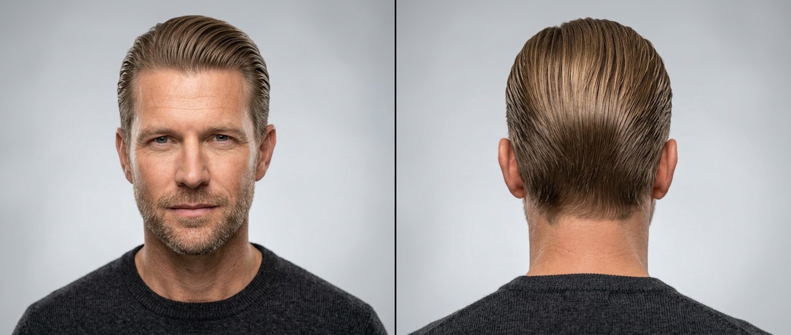Front and back view of a mature man with light brown hair wearing a classic executive slicked-back hairstyle with moderate volume and neat sides.