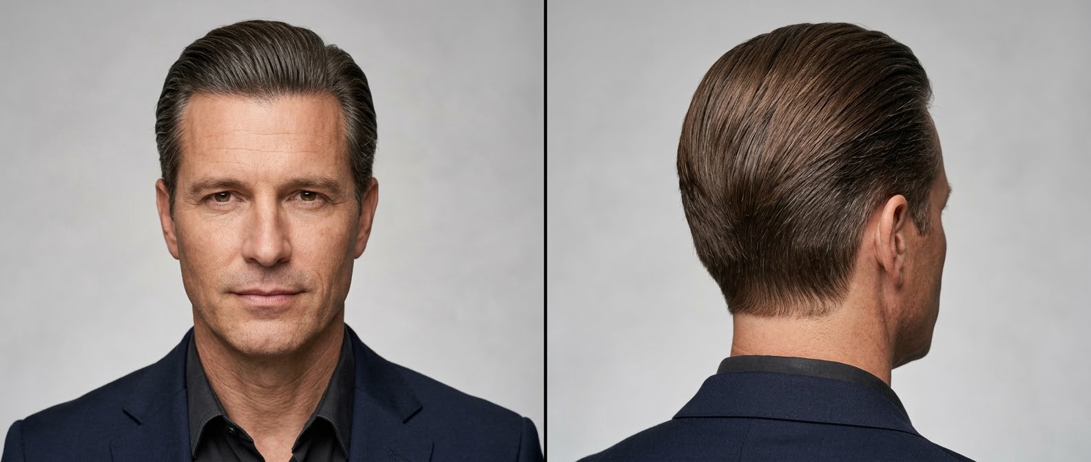 Mature man with thick, straight brown hair wearing a classic medium-length slicked-back hairstyle with a subtle front lift and beautifully tapered neckline.
