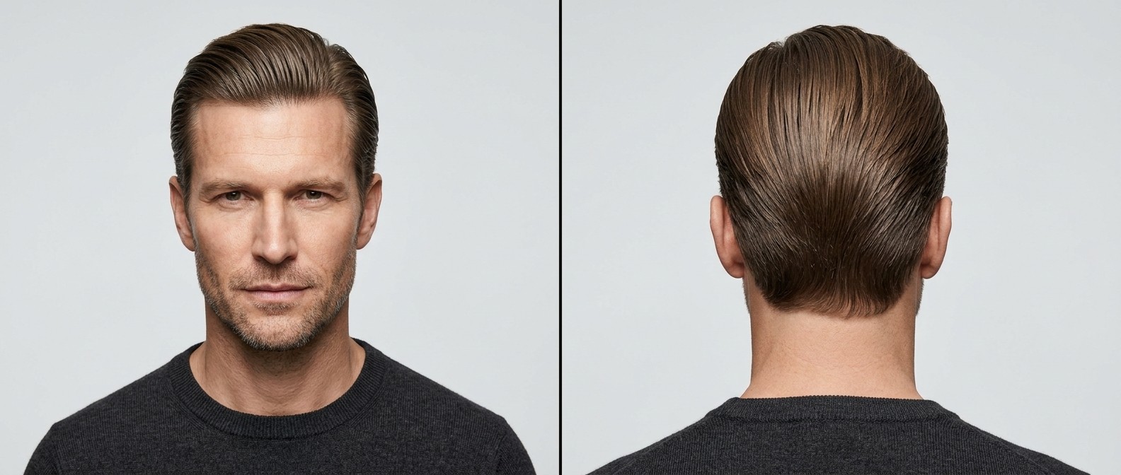 Front and back view of a mature man with a classic executive slicked back hairstyle, featuring tight tapered sides and high-shine comb marks.