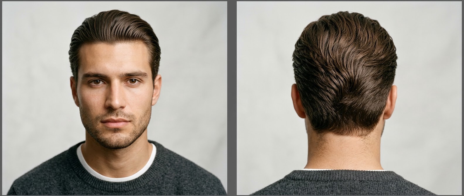 Front and back view of a young man with thick, wavy brown hair styled in an elegant, voluminous slicked-back haircut with tapered sides.