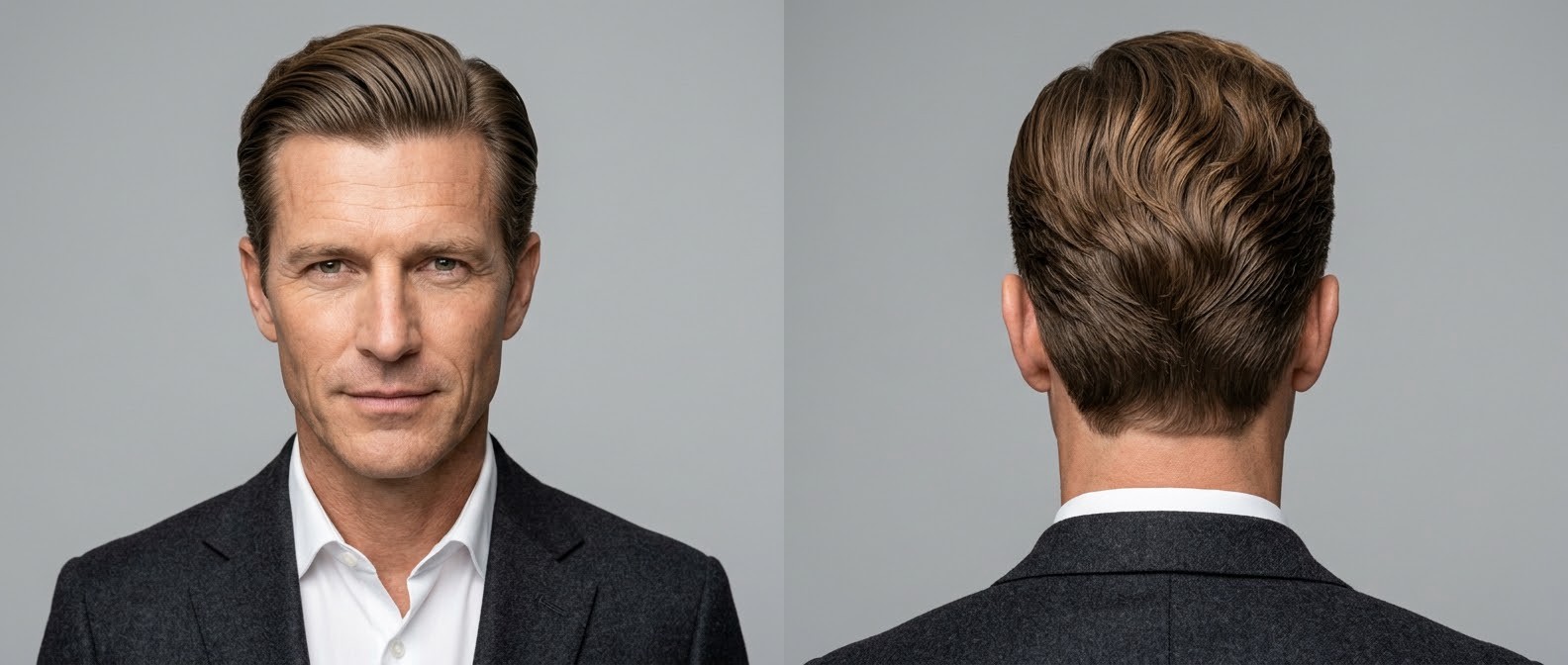 Mature Caucasian man with brown wavy hair styled in an elegant, professional slicked-back haircut with short tailored sides and a subtle widow's peak.