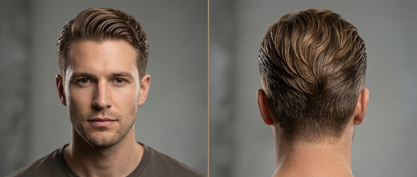 Young man with a heart-shaped face modeling a modern wavy slicked-back hairstyle with soft tapered sides, voluminous top, and light stubble.