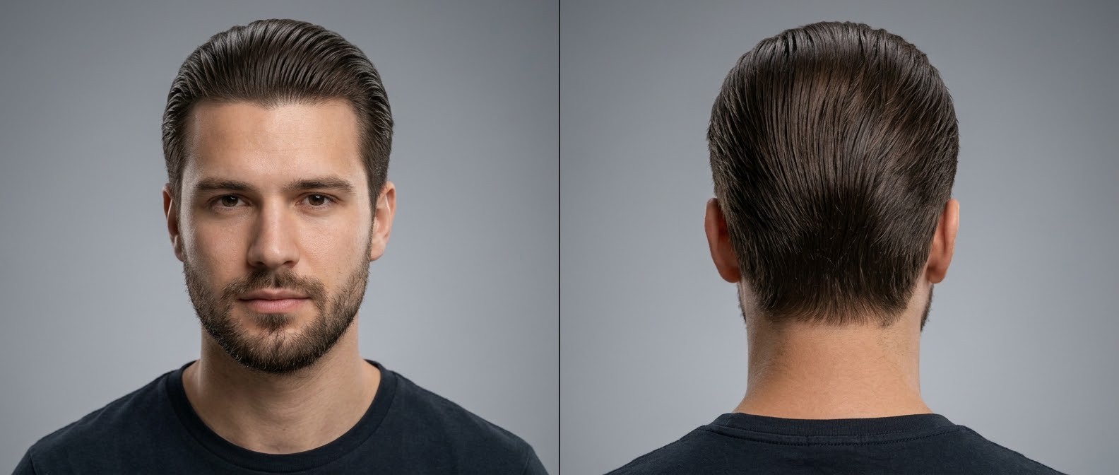 Front and back view of a young man with a classic slicked-back hairstyle, medium tapered sides, and a neatly groomed short beard.
