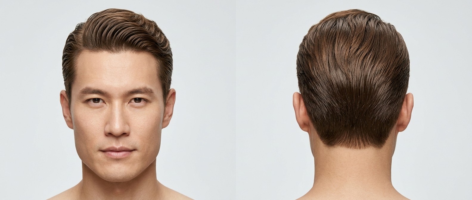 Front and back view of an Asian man with a medium-length, wavy slicked-back hairstyle, featuring a tapered nape and glossy, voluminous top.