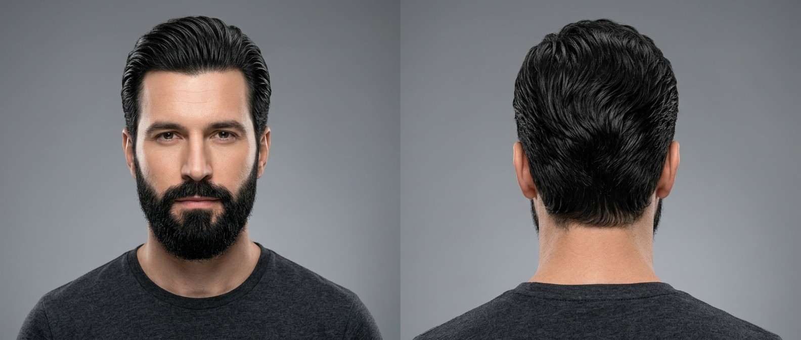 Front and back view of a 40-year-old man with a thick, dark, wavy slicked-back hairstyle, widow's peak, and a full groomed beard.