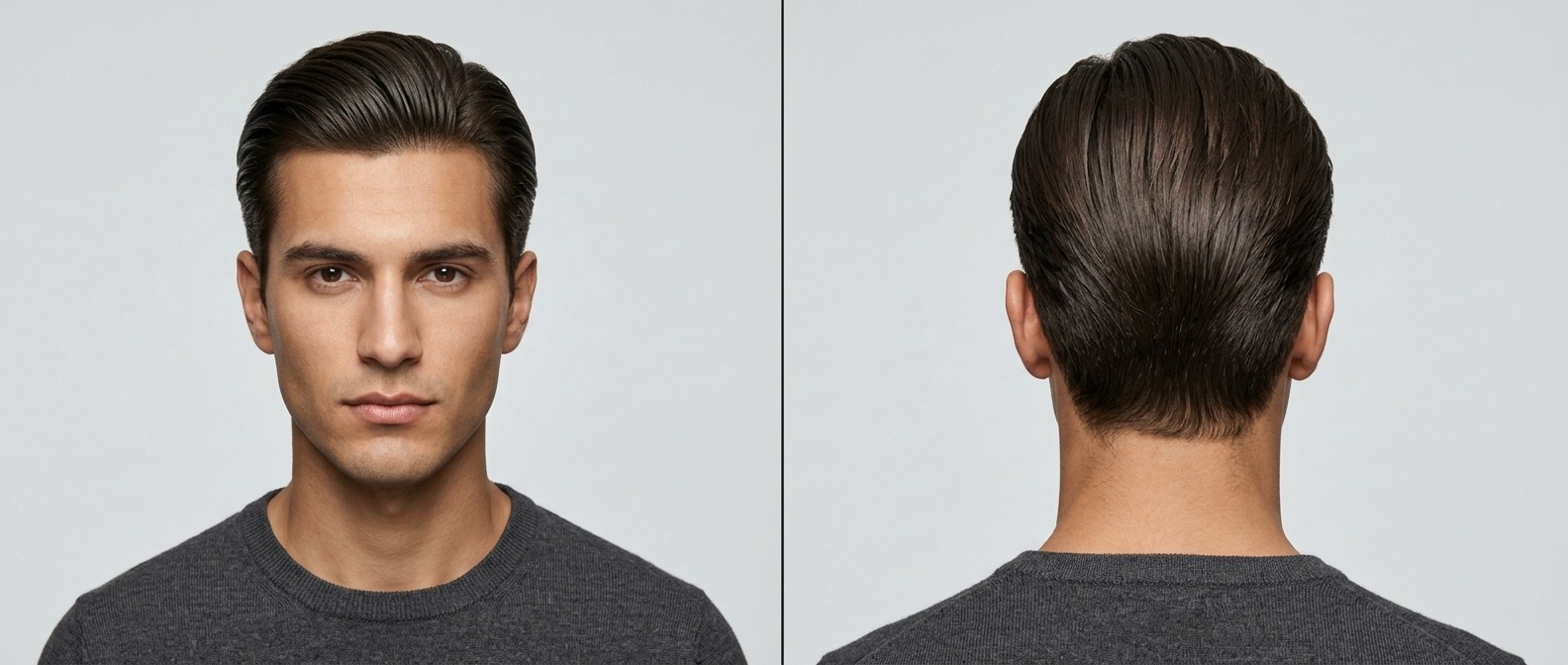 Front and back view of a young man with dark brown hair styled in a sleek, high-shine medium-length slicked-back haircut with a tapered nape.