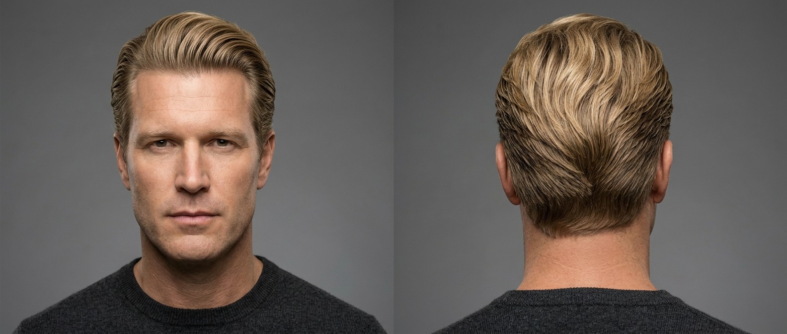 Front and back view of a 45-year-old blonde man with a classic slicked-back hairstyle for thick wavy hair, featuring a natural widow's peak.