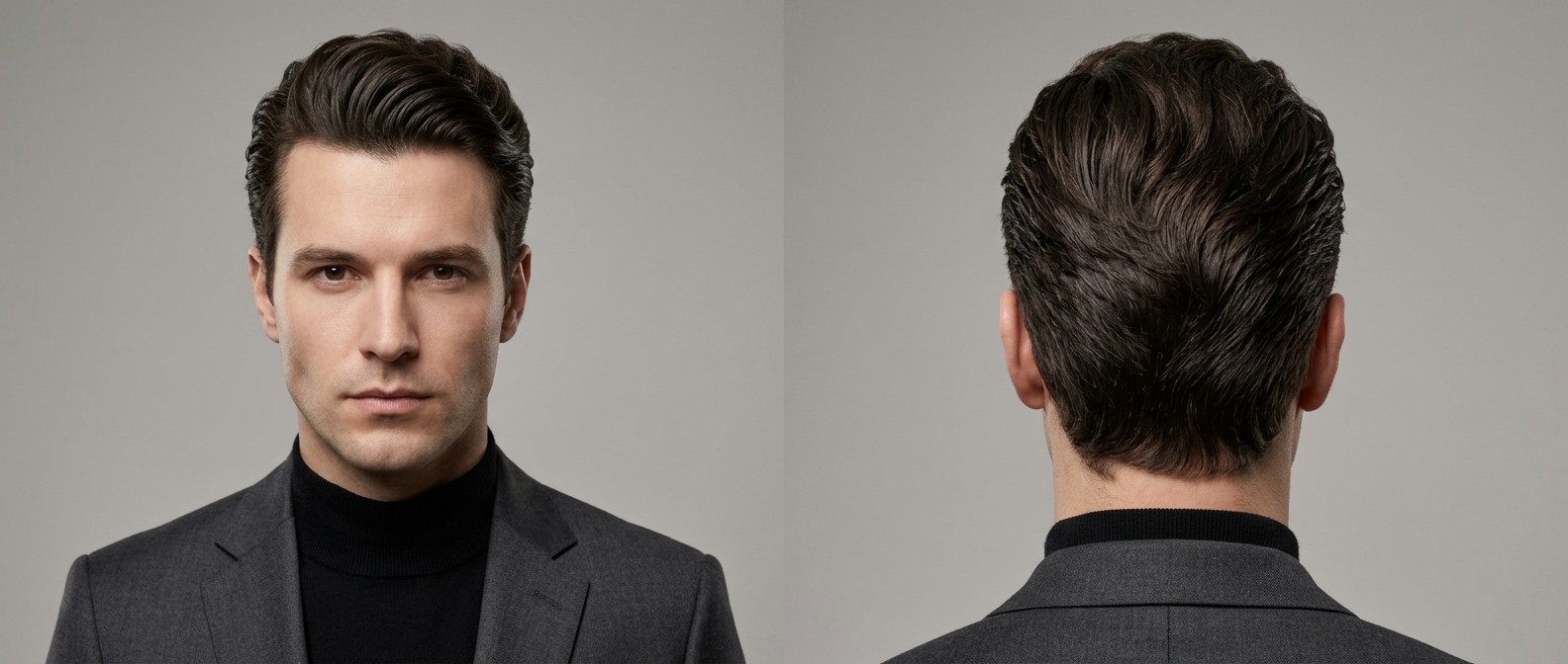 Front and back view of a Caucasian man with dark brown, thick wavy hair styled in a high-volume, formal slicked-back haircut wearing a grey suit.