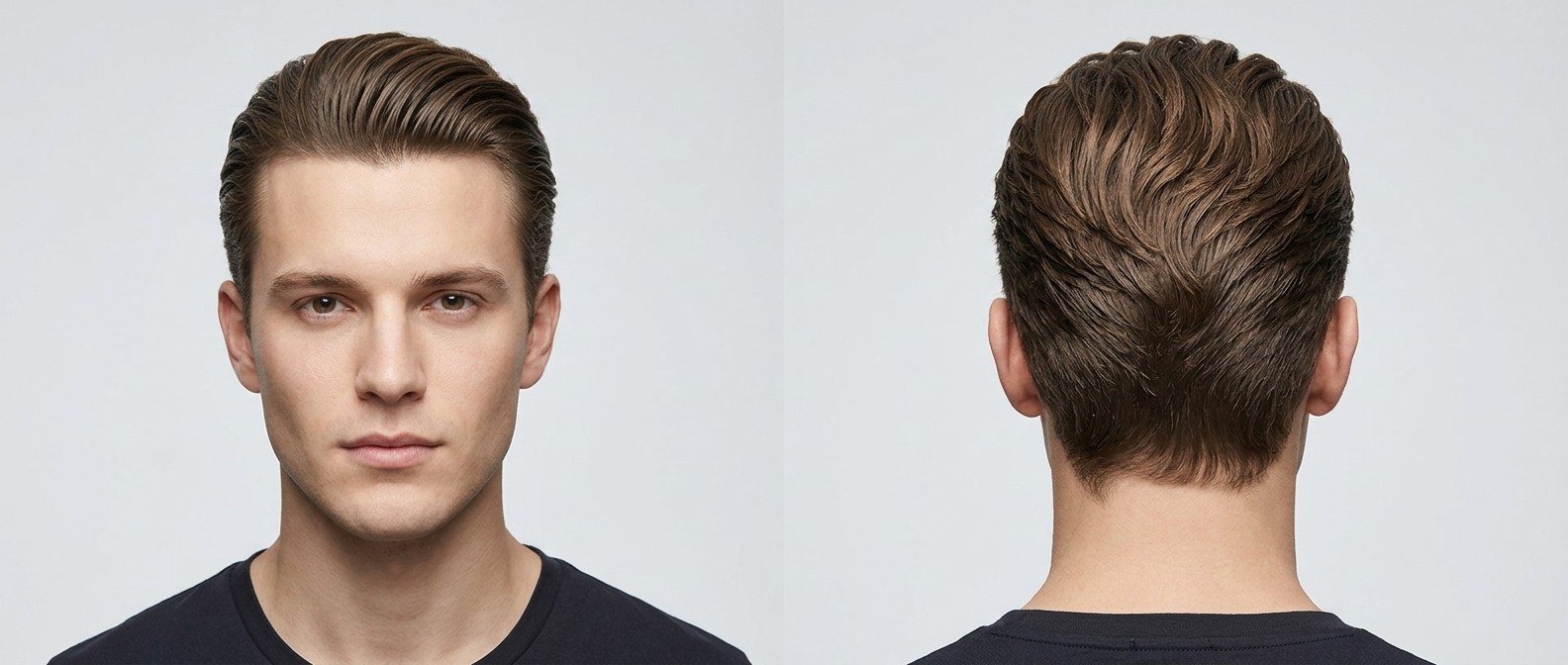 Young Caucasian man with medium brown wavy hair styled in a voluminous slicked-back look, featuring medium-length tapered sides and a natural widow's peak.