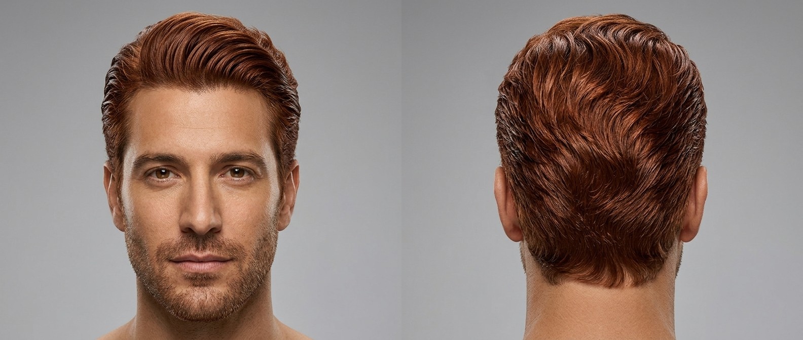 Front and back view of a Caucasian man with red hair wearing a wavy slicked-back hairstyle with medium top volume and short tapered sides.