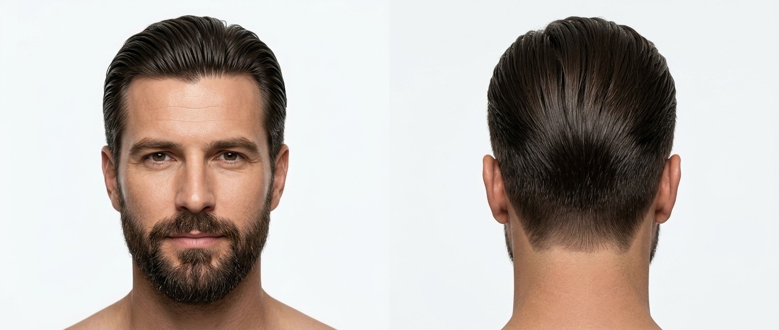 Front and back view of a mature mature man with dark brown hair and a beard wearing a classic slicked-back hairstyle with a high-shine finish.