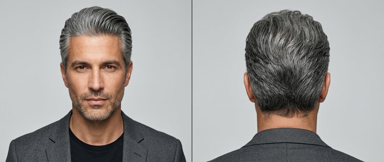 Front and back view of a 35-45 year old man with olive skin and stubble, modeling a voluminous wavy slicked-back hairstyle for thick gray hair.