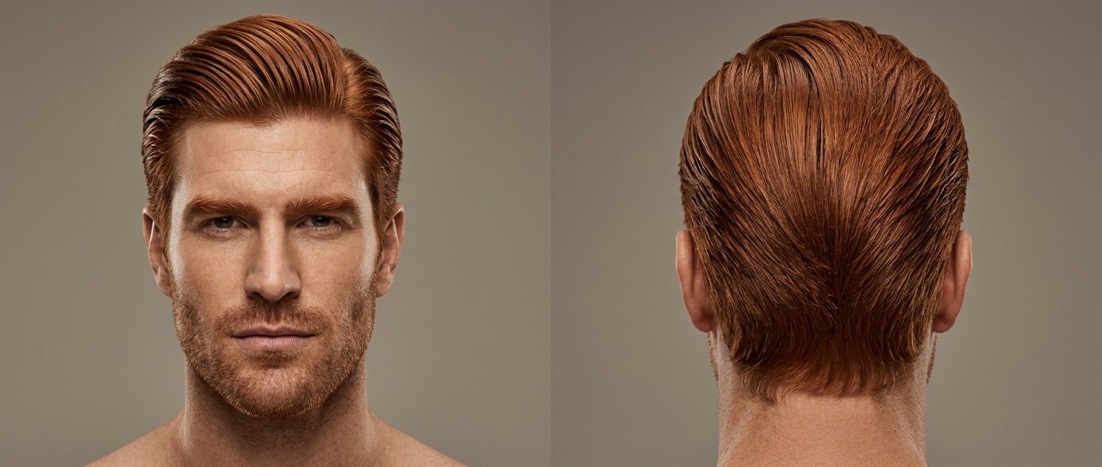 Front and back view of a 35-45 year old man with vibrant red hair and stubble, modeling a high-shine, voluminous slicked-back hairstyle.