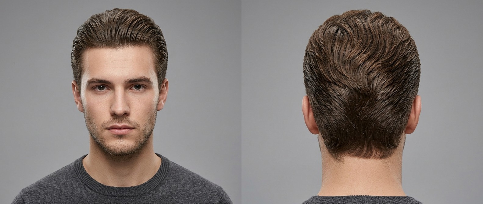 Young man with thick brown hair styled in a wavy slicked-back haircut with medium sides, showcasing a widow's peak and light facial stubble.