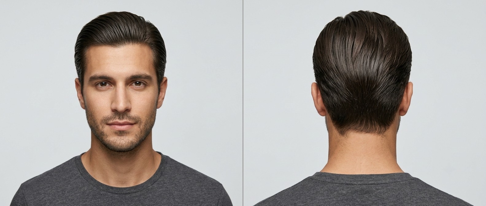 A young man with dark brown hair modeling a classic medium-length slicked-back hairstyle with a high-shine finish and neat stubble.