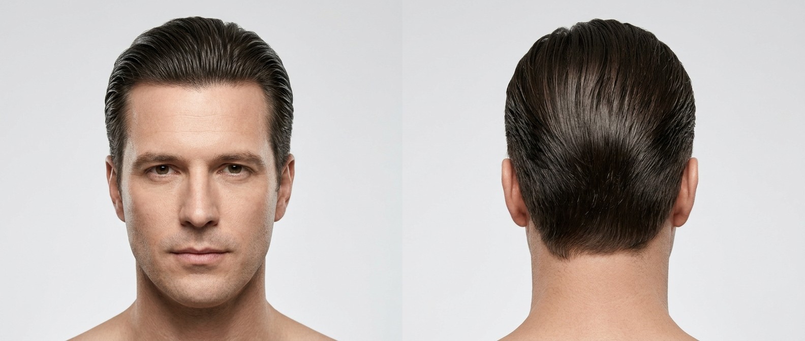 Front and back view of a mature Caucasian man with dark brown hair wearing a classic formal slicked-back hairstyle with a high-shine finish.