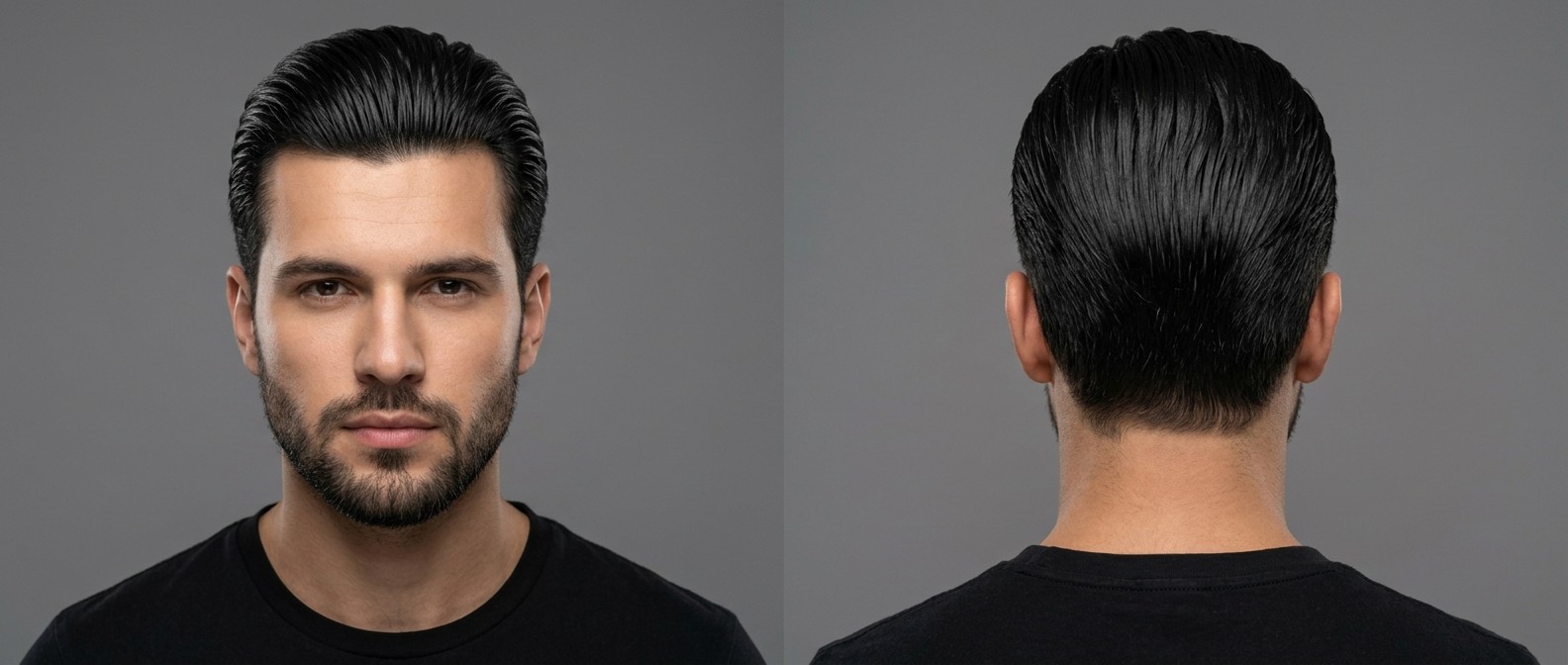 Front and back view of a young man with a short beard showcasing a classic high-shine slicked-back hairstyle with distinct, precise comb lines.