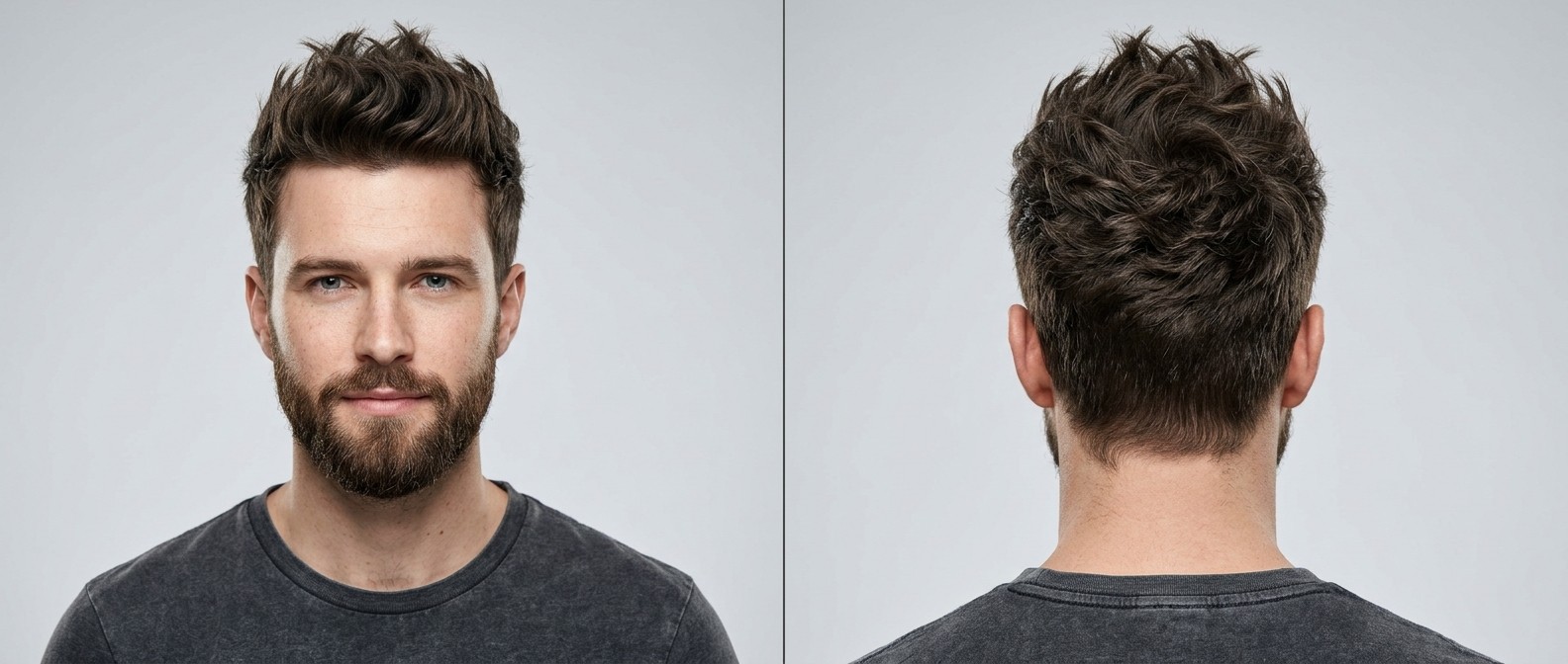 Front and back view of a young man with dark brown, heavily textured spiky hair, cleanly tapered sides, and a well-groomed beard on a light grey background.