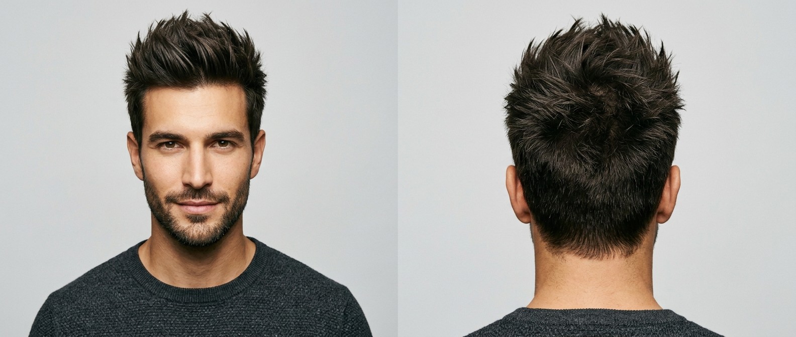 Front and back view of a man with thick dark brown hair styled in a modern, high-volume textured spiky haircut with short tapered sides.