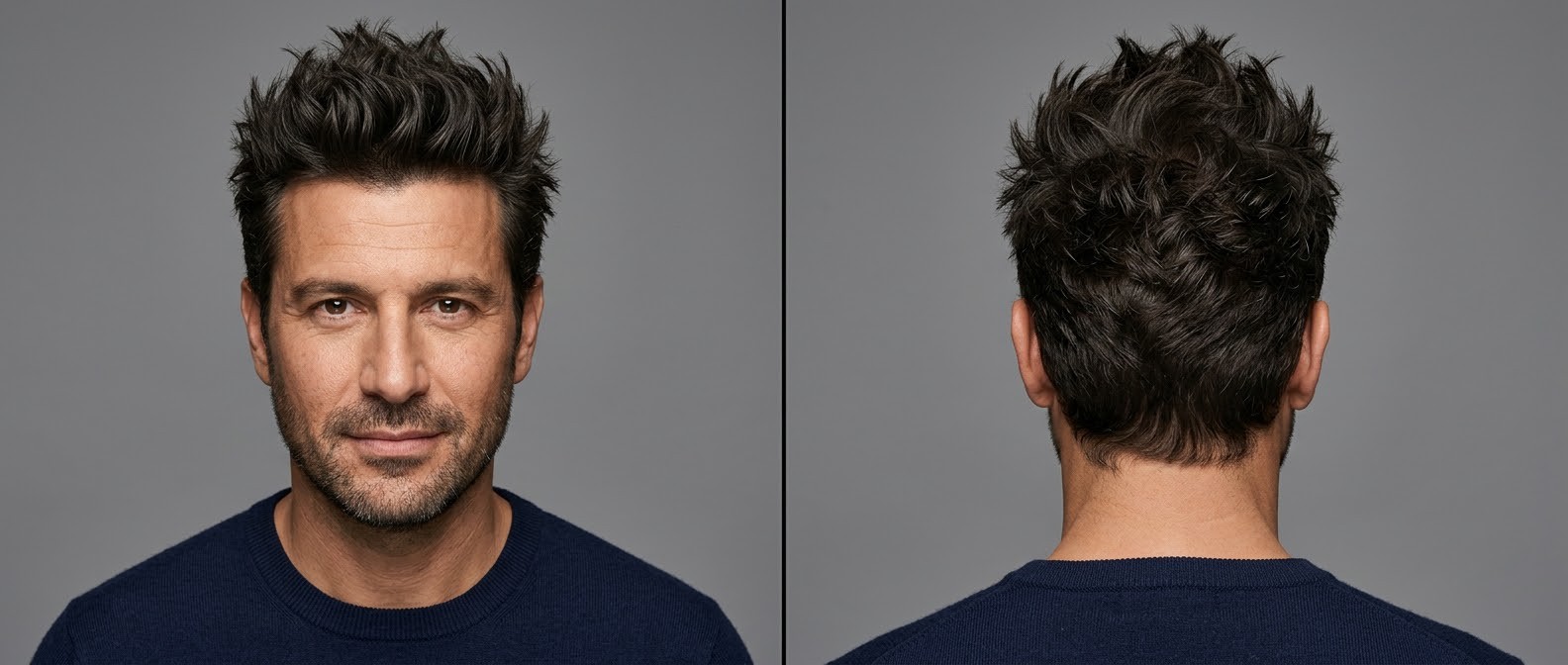 Front and back view of a mature man with dark brown, thick wavy hair styled in a modern, heavily textured spiky haircut with tapered sides.