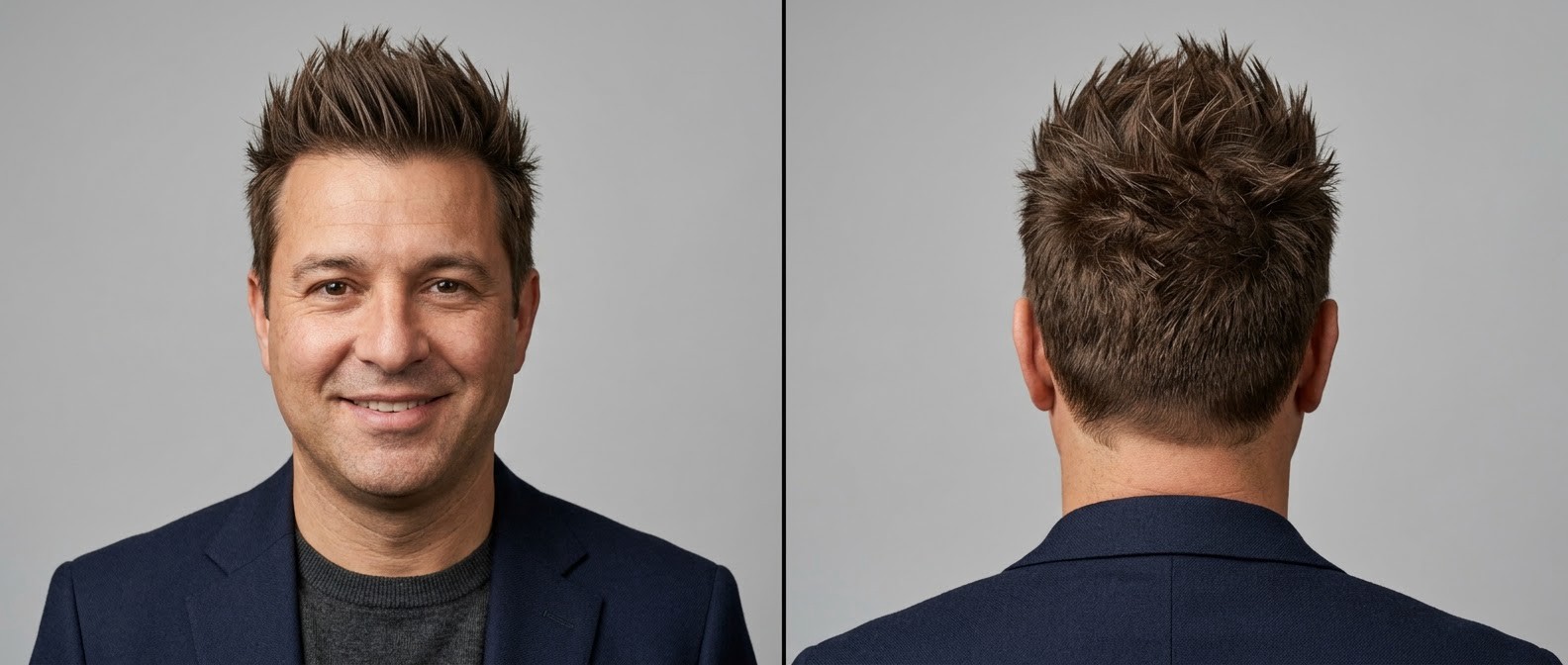 Front and back view of a mature man with olive skin sporting a modern, textured spiky haircut with tapered short sides and a natural matte finish.
