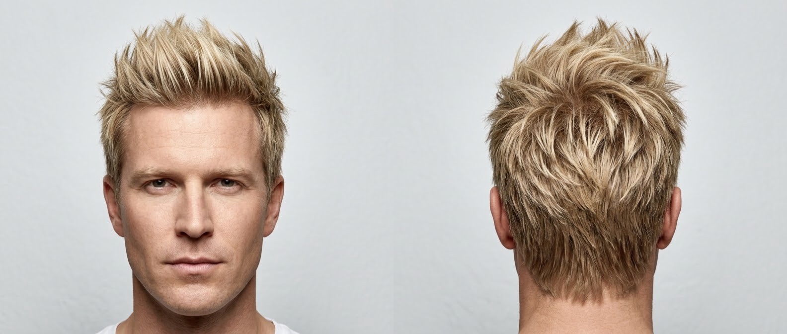 Front and back view of a blonde Caucasian man aged 35-45 modeling a dynamic textured spiky hairstyle with softly tapered sides and upward volume.