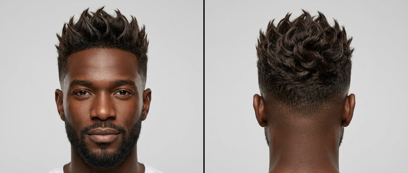 Black man with an oval face modeling a high skin fade haircut with heavily textured, wavy spiky hair on top and a neatly groomed beard.