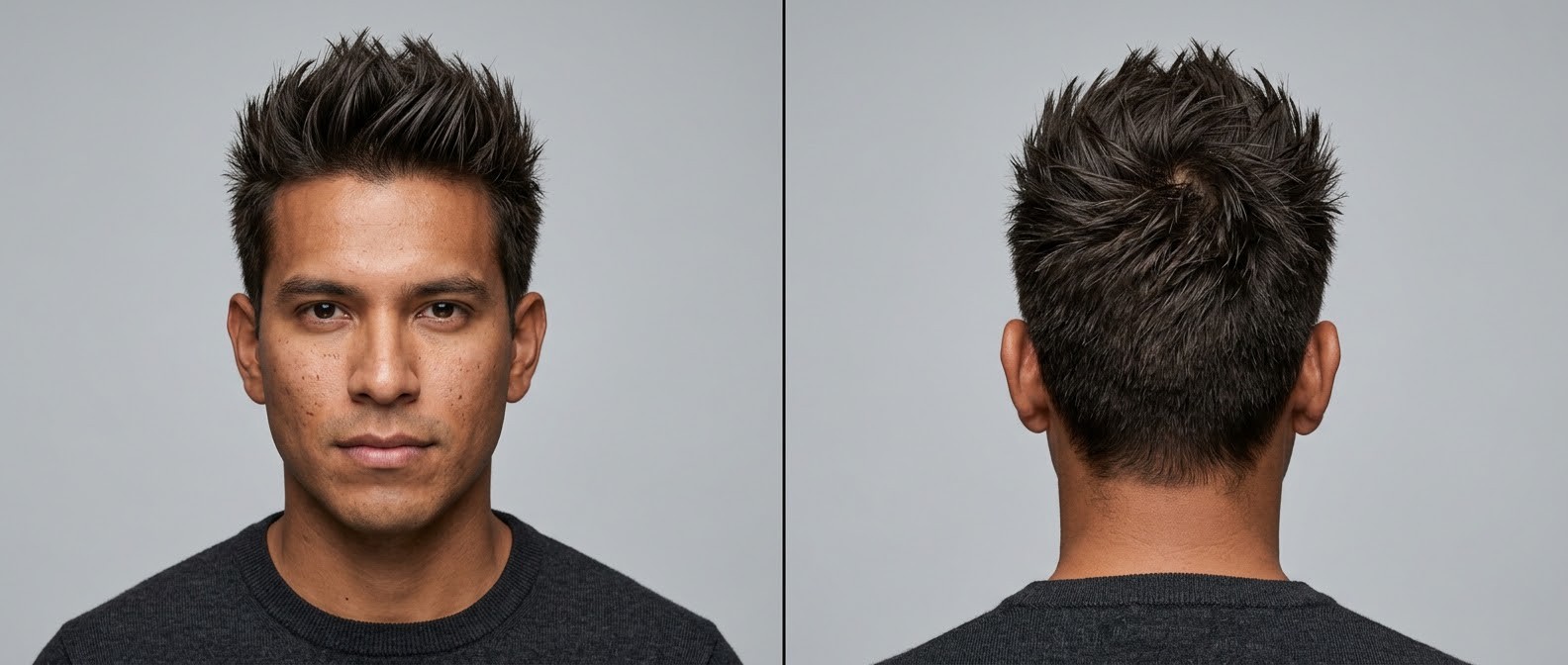 Front and back view of a Latino man with dark brown straight hair styled in a modern textured spiky haircut with tapered short sides.