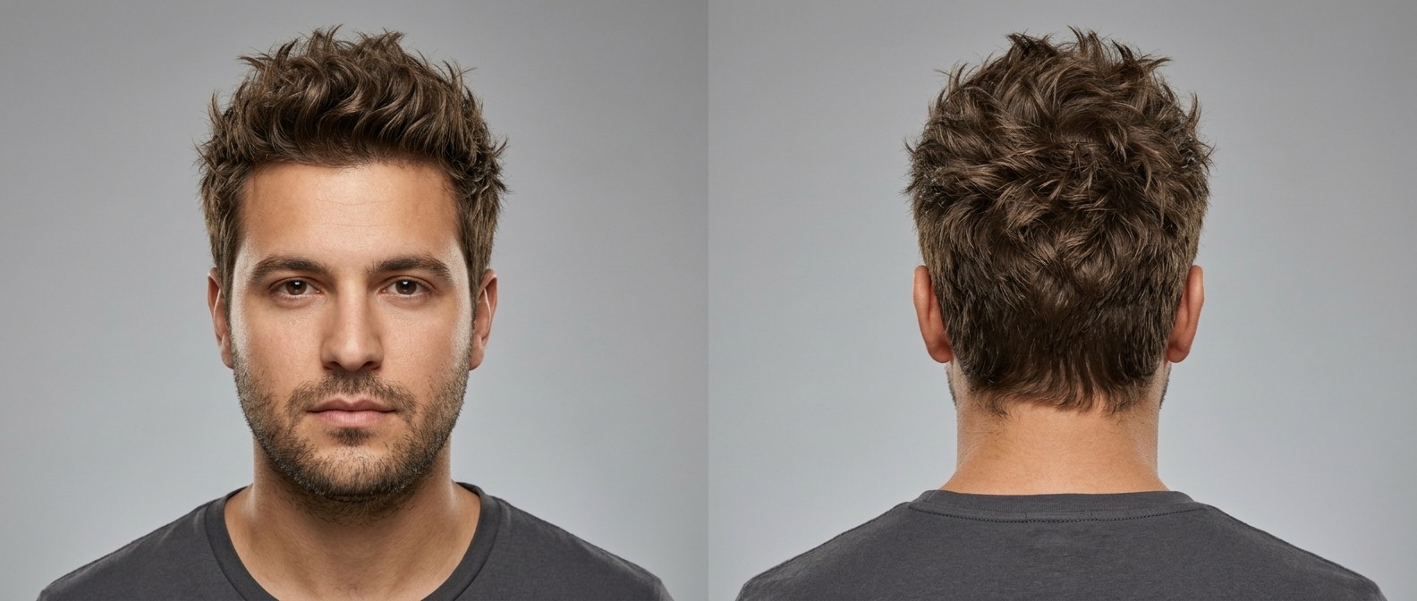 Vorder- und Rückansicht eines Mannes mit texturiertem, modernem Spiky Haircut, Tapered Sides und Dreitagebart.