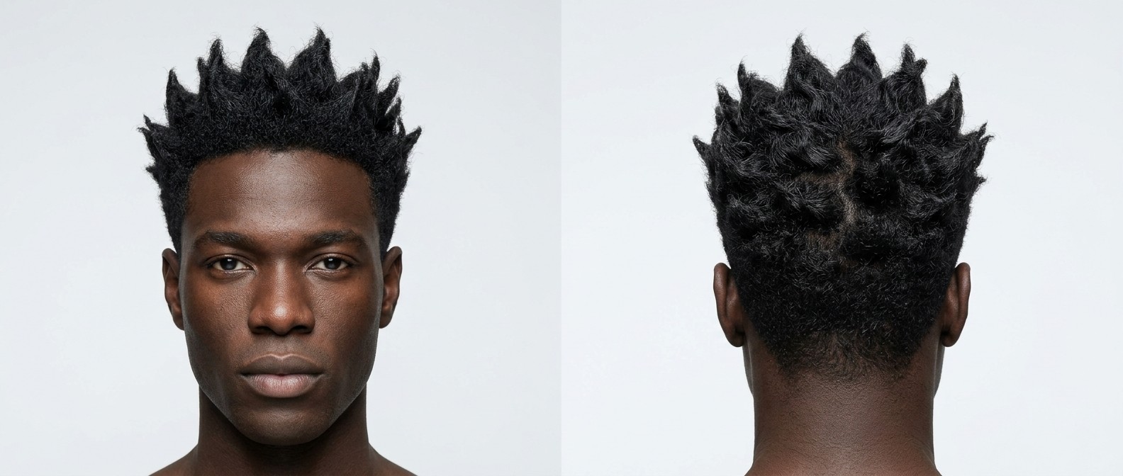Schwarzer Mann mit texturiertem Spiky Haircut, dicken gedrehten Spitzen am Oberkopf und kurzem Taper Fade.