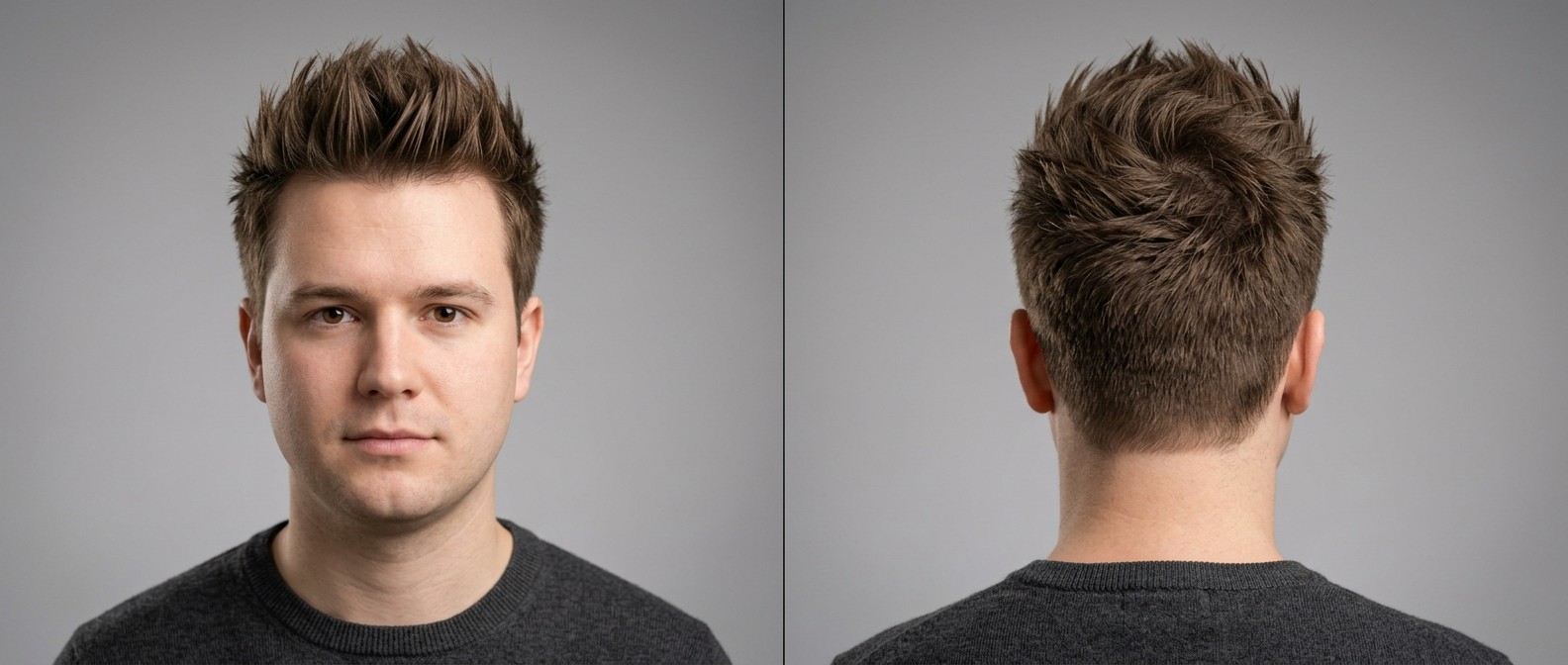 Vorder- und Rückansicht eines Mannes mit modernem Spiky-Haarschnitt, getaperten Seiten, texturiertem Deckhaar und mattem Finish.