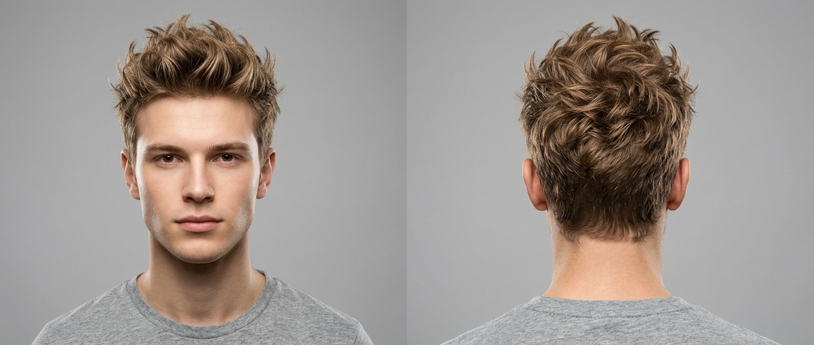 Vorder- und Rückansicht eines jungen Mannes mit modernem, texturiertem Spiky-Haarschnitt, welligem Oberhaar und sanft getaperten Seiten.