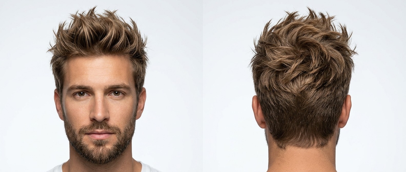 Vorder- und Rückansicht eines Mannes mit dickem, texturiertem Spiky-Haar, kurzen Taper-Seiten, messy Wirbel und gepflegtem Bart.