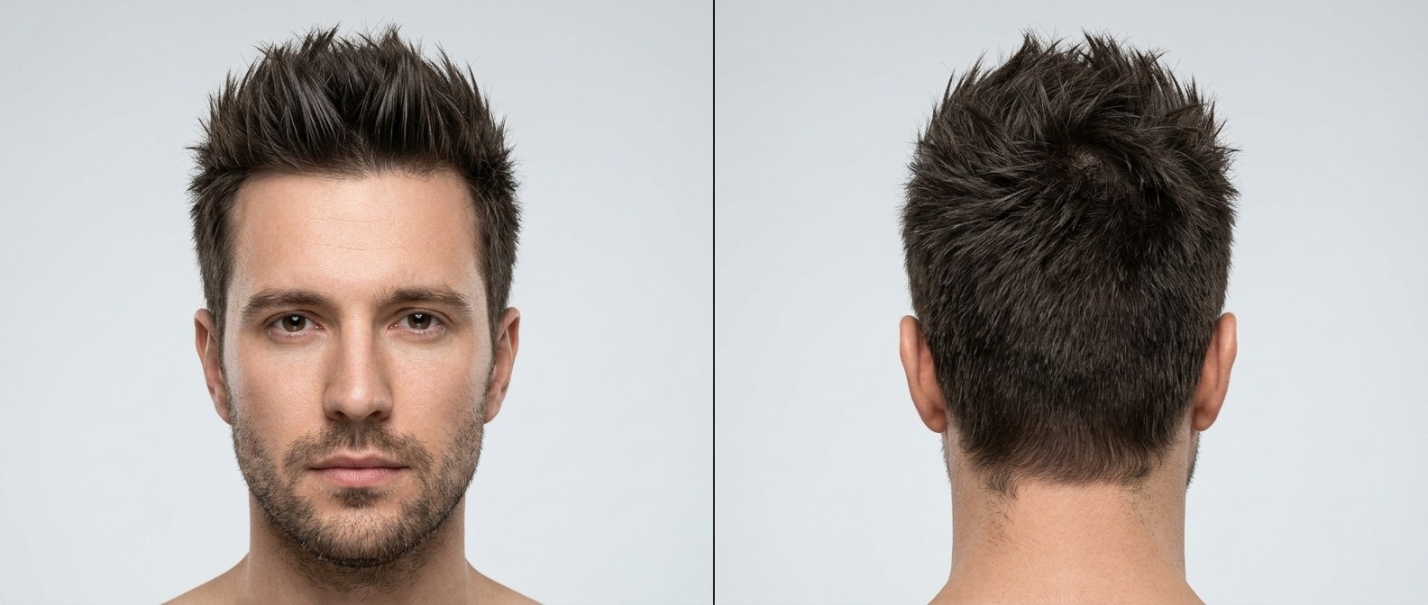 Vorder- und Rückansicht eines Mannes mit ovalem Gesicht und modernem, texturiertem Spiky-Haarschnitt.
